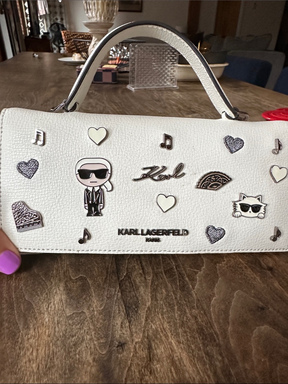 Karl Lagerfeld White Embellished Top-Handle Satchel